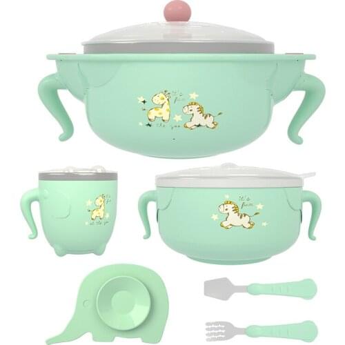 Six-piece baby sucker complementary food bowl spoon set Stainless steel cutlery set Baby drop-proof water-filled insulation bowl