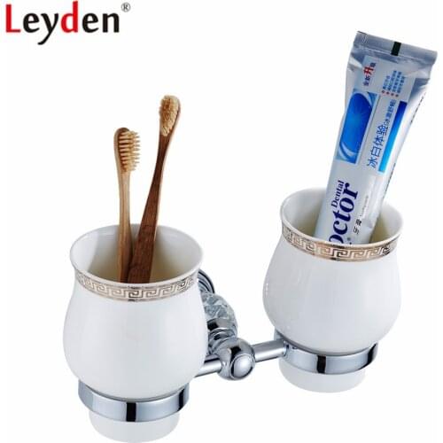 Leyden Bathroom Chrome Double Glass Cup Holders Silver Tooth Brush Tumbler Holder Wall Mounted For Bathroom Accessories