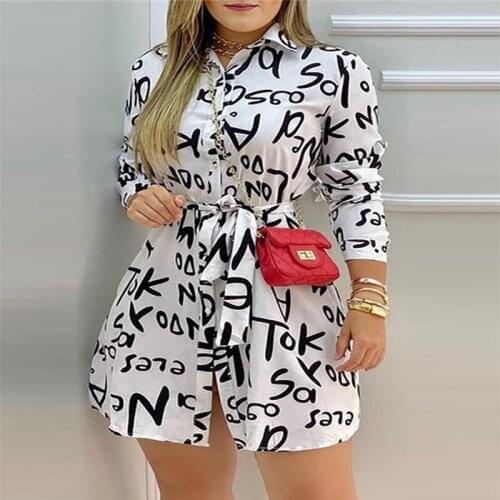 Long-Sleeved shirt dress African clothing Slim Womens summer dress white letter printing mid-Length casual loose blouse 2021 new