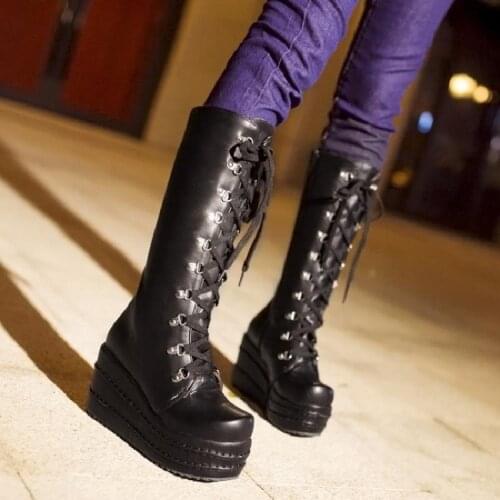 XJRHXJR large sizes 34-43 fashion punk cosplay boots woman shoes platform winter party wedge high heels knee-high boots