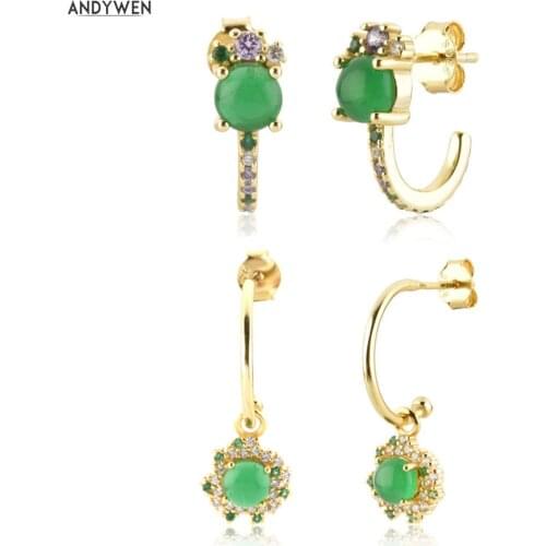 ANDYWEN 925 Sterling Silver Gold Lofoten Island Green Rainbow CZ Drop Earring Round Zircon Pendiente Luxury Jewelry Piercing
