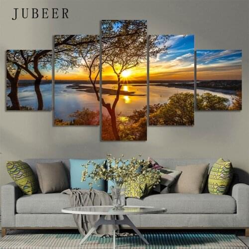 Modern Wall Art Pictures Home Decoration Posters 5 Panel Palm Trees Sea Sunset Landscape Frame Living Room HD Printed Painting