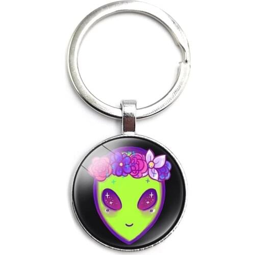 Funny Alien Key Ring Glass Cabochon Car Key Pendant Male and Female Keychain Gift Jewelry