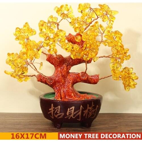 Yellow Crystal Lucky Money Fortune Tree Wealth Money Tree Bonsai Style Feng Shui Tree Ornaments Home Decoration