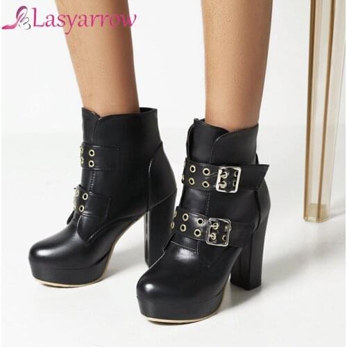 Lasyarrow 2021 PU Leather Women Ankle Boots Platform Square High Heel Ladies Short Boots Round Toe Buckle Womens Shoes Black