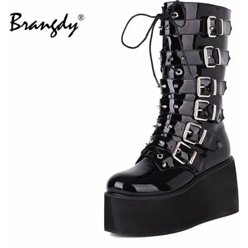 Brangdy New Punk Women Boots Ins Hot Plataforma High Heels Big Size 43 Gothic Style Wedges Shoes Fashion Ankle Boots Woman
