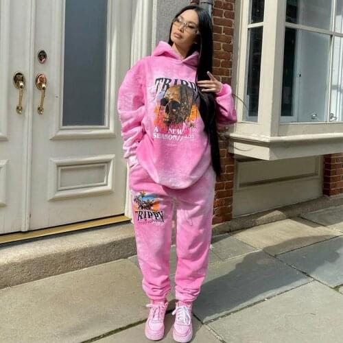Pink Tie Dye Goth Punk Graphic HoodiesTracksuits 2021 New Winter Two Piece Set Women Pants Matching Fashion Oversized Streetwear