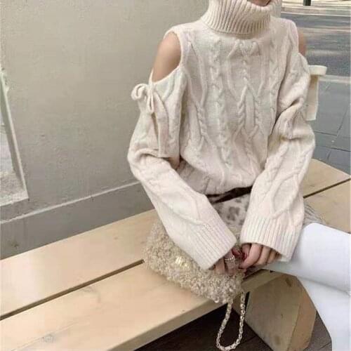 Woman Sweater Winter Off-the-shoulder Turtleneck Cable- Knit Sweater Pullover Sensuality Big Wide Sleeves Joint Loose Version