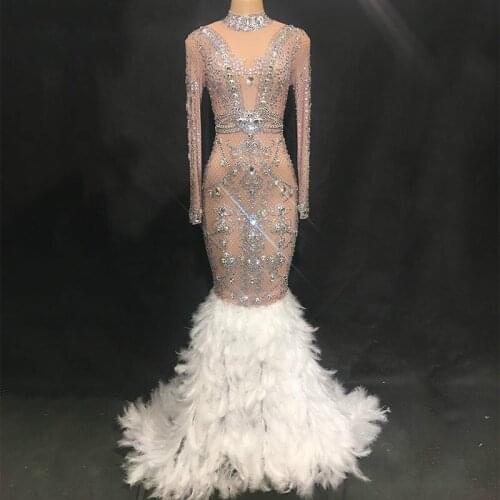 Sparkly Crystals See Through Mesh Feather Long Tail Dress Women Birthday Celebrate Prom Party Dresses Night Performance Costume