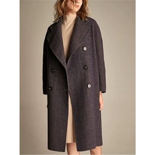 Hand made pure woolen fabrics women fashion double breasted mid long coat big turn down collar S-L