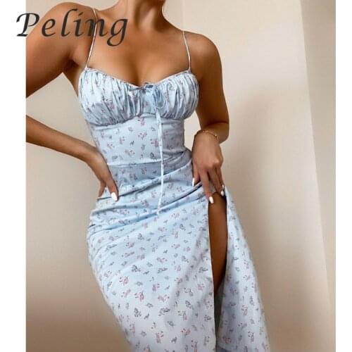 Elegant Women Dress Summer Spaghetti Strap Sexy Floral Print Beach Dress High Split Sleeveless Long Midi Dress Wrap Sundress