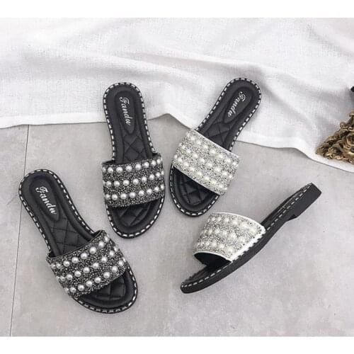 2020 Summer New Womens Slippers Casual Beach Shoes Woman Open Toe Flat Slippers Women Pearl Round Toe Solid Womens Slippers
