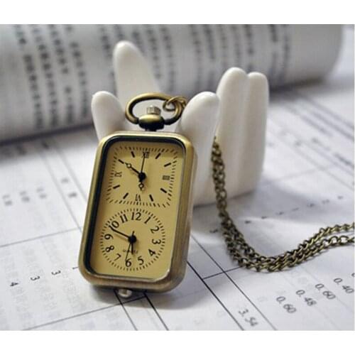 4005) 12pcs/lot Vintage Style Bronze Double Clock Square Pocket Watch Necklace