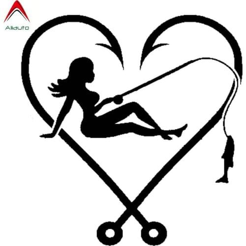 Aliauto Personality Car Sticker I Love Fishing Sexy Girl Hook Heart Fish Fishing Line Vinyl Decals Black/Silver,12cm*13cm