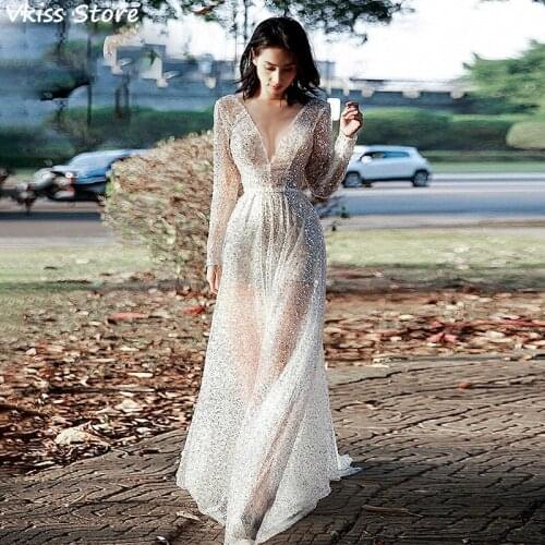 Sequin White Illusion Evening Dress Sexy A-line Photography Shoot Backless Long Sleeve New Prom Dress robe de soirée de mariage