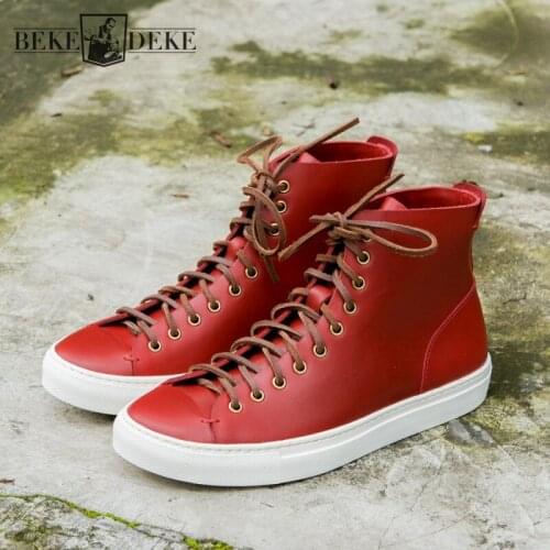 Retro Boots Classic Genuine Leather High Top Shoes Male Lace Up Casual Trainers Oil Wax Cowhide Platform Shoes Mens Sneakers