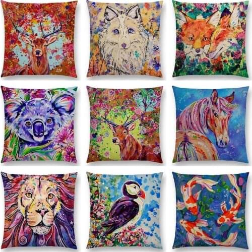 Double Oil Painting Animals ELK Cushion Cover Deer Lion Dogs Fox Bird Horse Sofa Throw Pillow Case Linen Cushion Cover 45x45cm