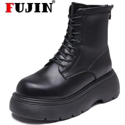 Fujin Genuine Leather Thick Sole Platform ChunkyWomens Fashion Motorcycle Boots Thick Bottom Wild Casual Womens Shoes