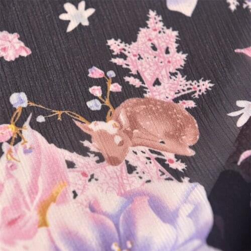 Quality Chiffon fabric Black bottom flower bird deer fold tissu clothing dress and scarf patchwork