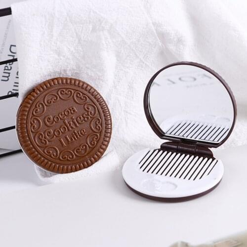 Biscuit Shape Pocket Makeup Mirror, Handheld Travel Makeup Mirror with Comb, Compact Folding Cosmetic Mirror, Light/ Dark Coffee