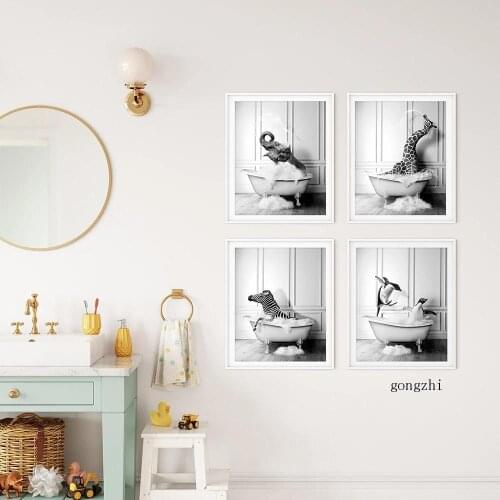 Elephant Penguins Giraffe Zebra In The Bathtub Nordic Poster Humour Animal Canvas Painting Bathroom Wall Art Pictures Home Decor