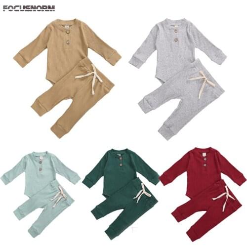FOCUSNORM Infant Baby Girls Boys Knit Clothes Sets Solid Long Sleeve Button Romper Tops Pants 2pcs Autumn Winter Outfits