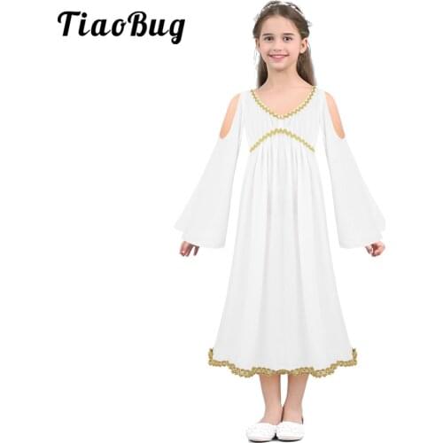 Girls Greek Princess Costume Gold Trim White Halloween Cosplay Anime Role Play Long Dress