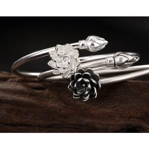 Armbanden Voor Vrouwen Pure Silver, Antique Lotus Bracelet, High-end Joker, Sterling Ladies' Element, Open Hand Ring Wholesale
