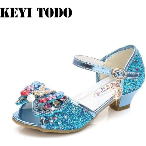 Girl Sequined Upper high heel shoes Summer fish head Princess shoe Sandals Crystal shoes purple child sandals size 26-38 L151