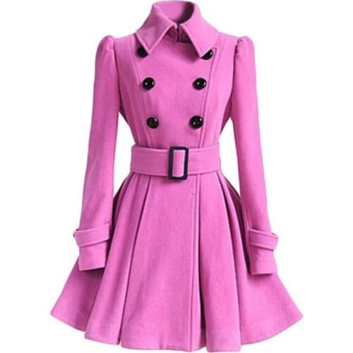 Autumn Winter Double-Breasted Women Woolen Coats Belt Buckle Casual Windbreaker Woolen Blend Outwear