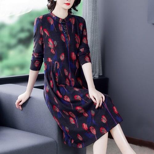 Autumn 4XL Plus Size Vintage Floral Midi Woolen Dress Winter Casual Long Sleeve Dress Elegant Women Bodycon Party Vestidos 2021