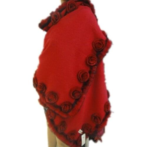Autumn and winter fashion 100% wool and natural rex rabbit fur wrap with rose,ladies fur pashmina F140
