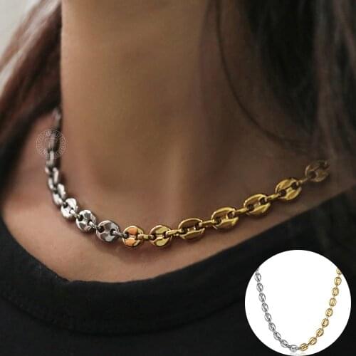 Gold Silver Color Coffee Bean Choker Necklaces For Women Stainless Steel Marina Link Chain Necklaces Jewelry Gift LDN282