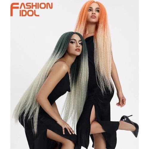 FASHION IDOL Afro Kinky Straight Hair Weave Long Braided Long Wig Cosplay 38 inch Lace Wigs For Black Women Ombre Pink Green Wig