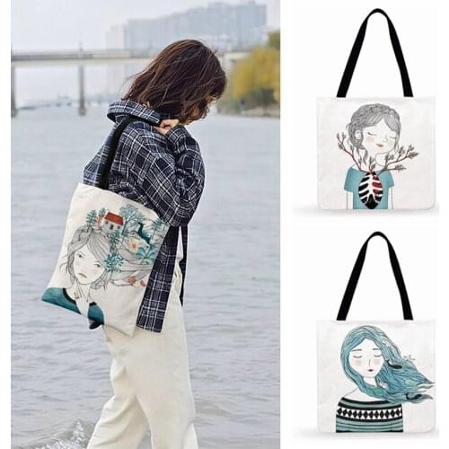 Outdoor Beach Bags British Literary Girl Painting Print Tote Bag For Woman Casual Tote Ladies Shoulder Bag Foldable Shopping Bag