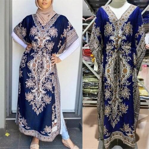 Eid Ramadan Muslim Women Long Dress Print Ethnic Vintage Arabic Abaya Malaysia Turkish Batwing Sleeve V-neck Kaftan Middle East