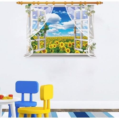 Vivid Sunflower Blue Sky 3d Window Wall Stickers For Living Room Bedroom Decoration Pastoral Scenery Wall Mural Art Home Decals