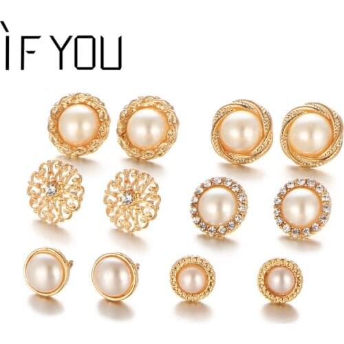 IF YOU Round Crystal Imitation Pearl Stud Earrings Set For Women Trendy Flower Earring Set Brincos Wedding Jewelry 6Pairs/Set