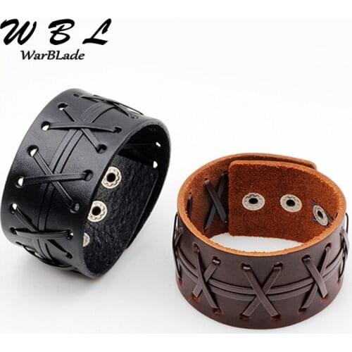 WarBLade New Fashion Black Brown Genuine Leather Wide Bracelet Bangles Cuff Wristband Rock Punk Women Men Bracelets 2019