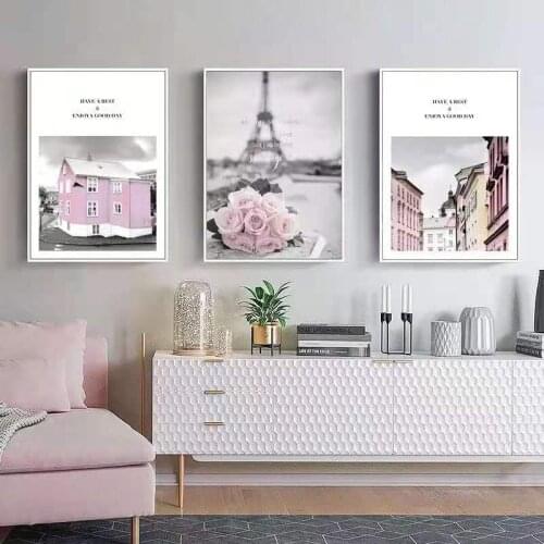Modern Nordic Style Girlish Style Pink Flower Iron Tower Feather Architectural Decoration Painting Bedroom Print