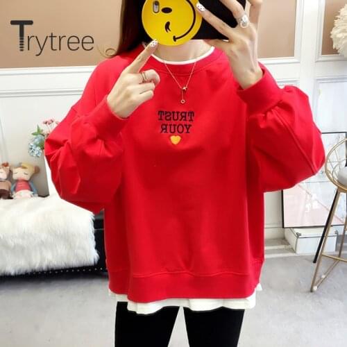 Trytree 2020 Autumn Winter Woman Casual Sweatshirt O-neck Letter Fake two Pieces Loose Fashion All-Purpose Style Sweatshirt Tops