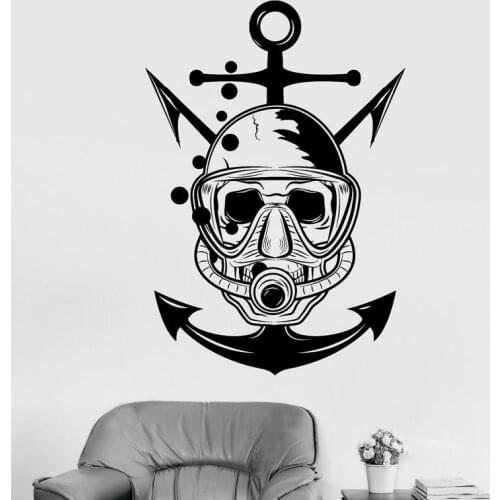 Skull Diver Marine Nautical Art Scuba Anchor Wall Sticker Vinyl Home Decor Room Bathroom Sea Ocean Decals Removable Mural 4055