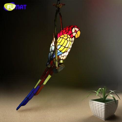 FUMAT Stained Glass Parrot Light Antique Art Glass Bird Pendant Lamp Living Room Glass Shade Light Fixture LED Pendant Lights
