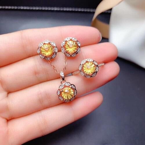 Anniversary Best Gift Natural Real citrine 925 sterling silver 1pc citrine pendant,1pc ruby ring,2pcs citrine Earring