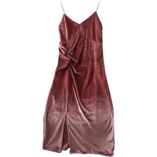ZC2548 new 2020 spring autumn women fashion slim pleated solid color golden velvet slit dress cheap wholesale