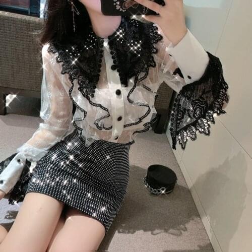 2021 Spring Chic Womens Flare Sleeve Big Turn Down Collar Blouse Fashion Lace Ruffles Patchwork Diamond Inlay Shirts and Tops