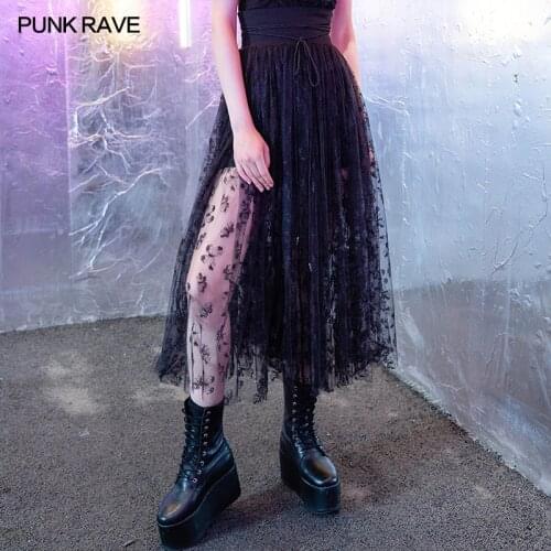 PUNK RAVE Womens Gothic Daily "Chinese Style Silk Fan" Butterfly Gauze Bubble Half Skirt Gothic A Hem Mid-length Half Skirt