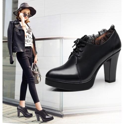 Black deep mouth high heels winter 2018 spring thick with waterproof platform plus velvet shoes lace lace work shoes women