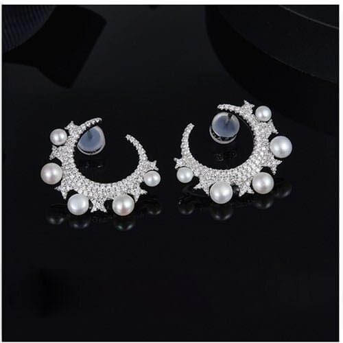 High Quality 925 Sterling Silver One thousand and one nights Star Moon Pearl Earrings Micro Cubic Zirconia Stones Women Jewelry