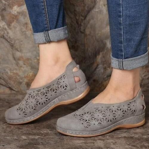 Faux Leather Elastic Comfy Slip On Womens Hollow-Out Round Toe Flat Heel Flats Platform Non-Slip Shoes XIN-Shipping